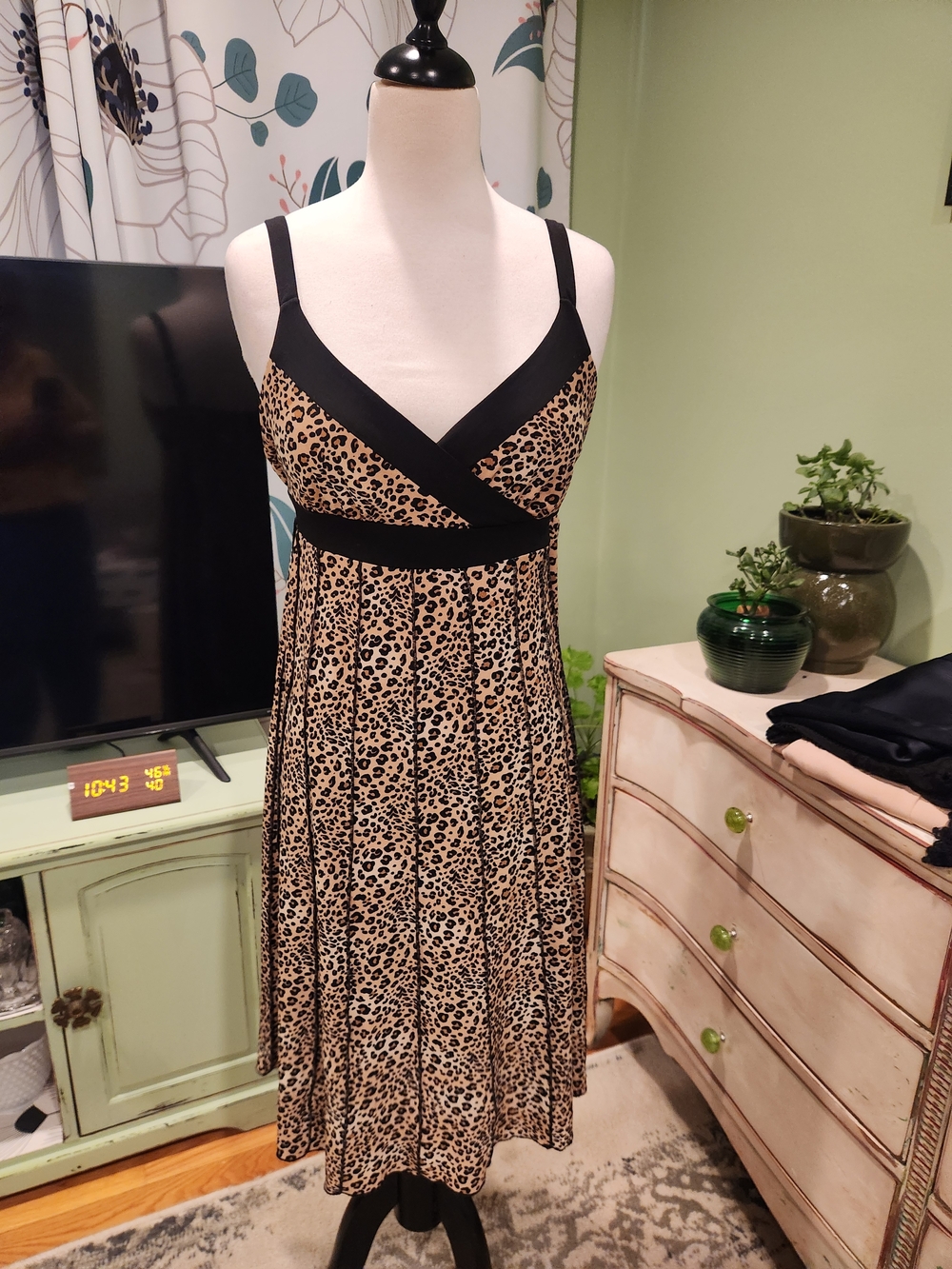 Sleeveless Leopard Print V-Neck Dress with Black Trim